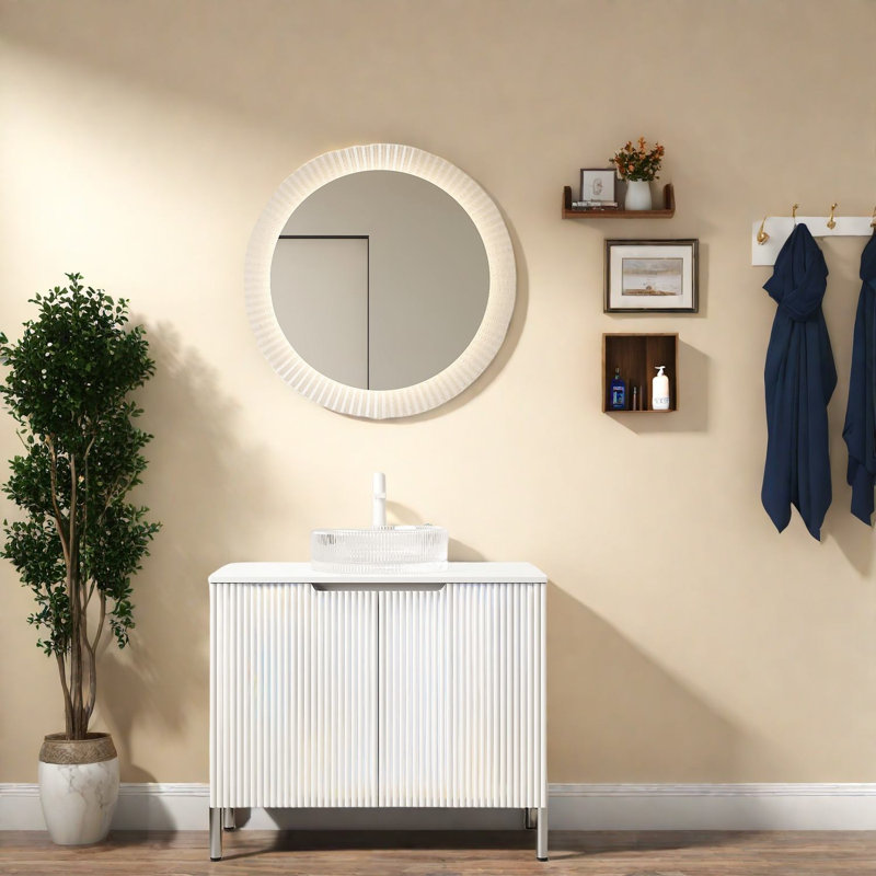 Meuble-lavabo moderne avec rangement, armoire en MDF blanc et lavabo en verre transparent