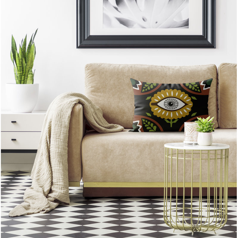 Kris Microsuede Lumbar Throw Pillow, Black/Ochre/Brown/Green