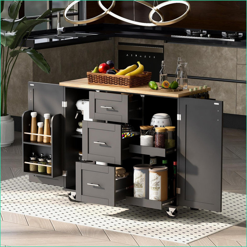 Kitchen Island with Storage, Wheels &amp; Rubber Wood Top | 3 Drawers, 2 Slide-Out Shelves | Black | Medium (40-55in), Kitchen Carts