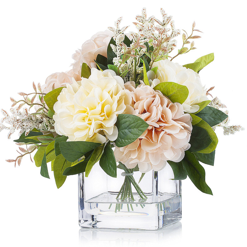 Silk Dahlia Arrangement in Vase, Beige