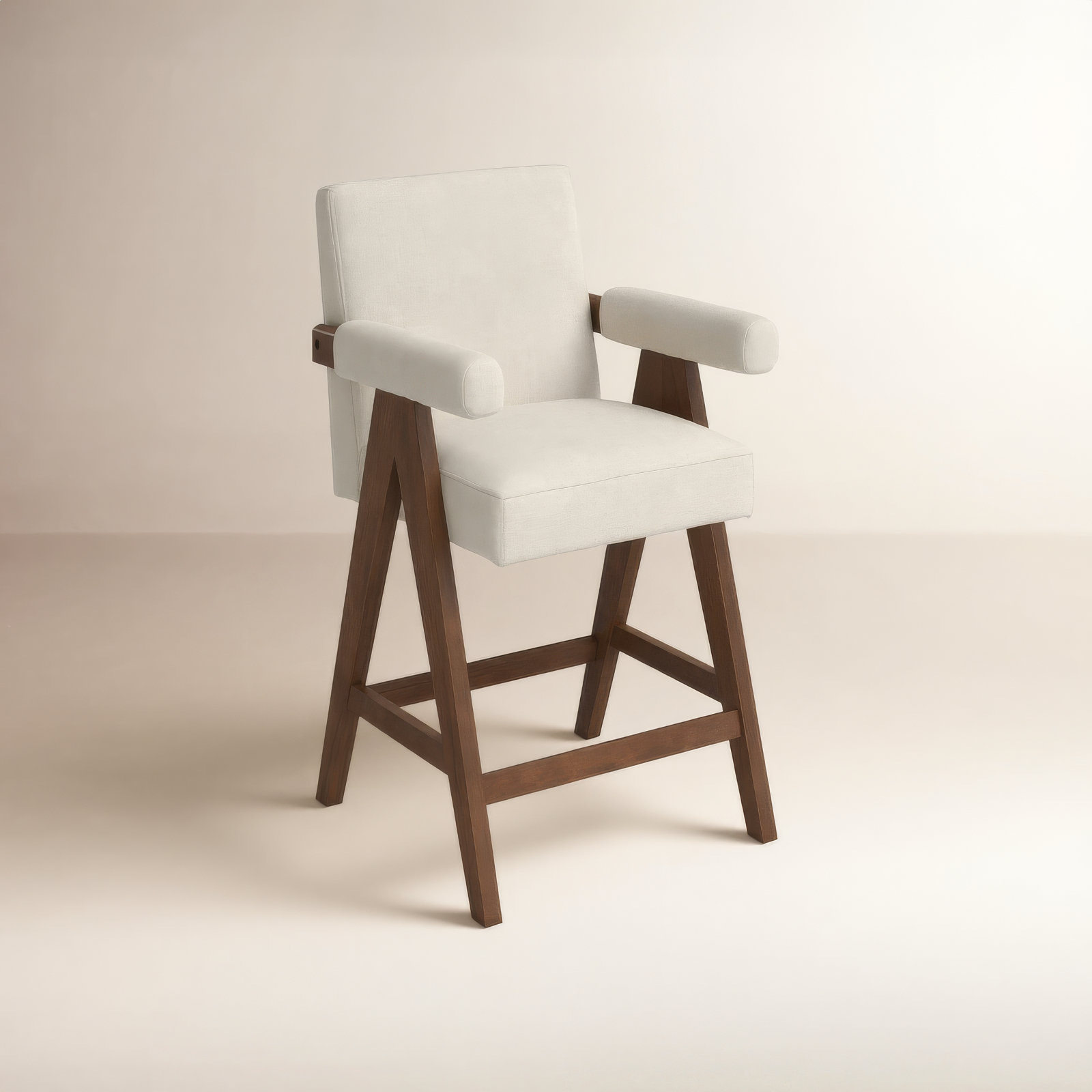Brittnie 25.5" Full Back Walnut Wood Upholstered Counter Stool With Arms, Bingo Beige Performance