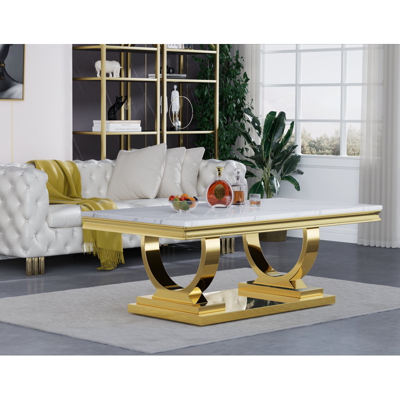 46.85" Coffee Table with White Marble Top, Modern Rectangular Faux Marble Coffee Table with Stainless Steel Pedestal, Luxury Gold Cocktail Center Table for Living Room Office