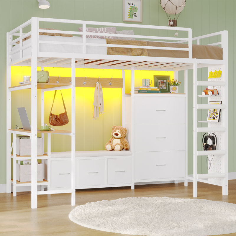 Twin Size Loft Bed With 6 Storage Drawers,Coat Rack And Open Shelves,Twin Loft Bed With Desk,Charging Station And Led Lights,Metal Loft Beds With Large Pegboard,Safety Guardrail And Ladder,White