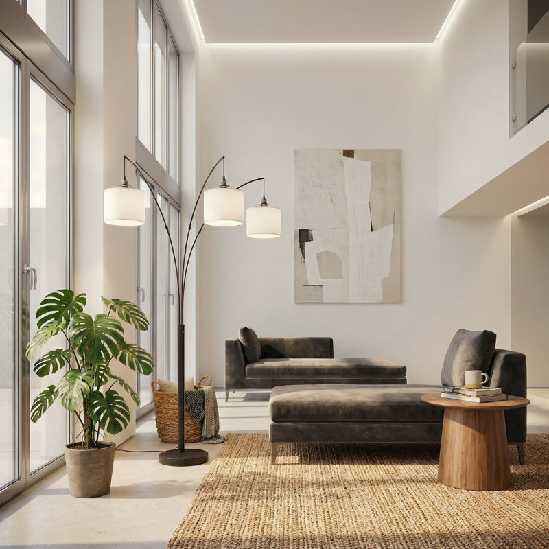 3 Light Arc Floor Lamp, Black Metal Arch Standing Lamp with White Fabric Drum Shades, Overhead Curved Tree Floor Lamp for Living Room Sofa Corner Decor
