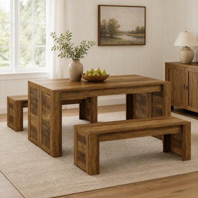 55" Dining Table Set,  Wooden Kitchen Table for 4-6 with 2 Benches