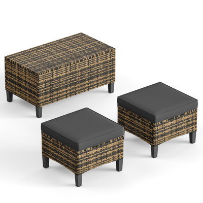 3-Piece Outdoor Wicker Storage Set, Patio Storage Bench + 2 Rattan Ottomans with Cushion