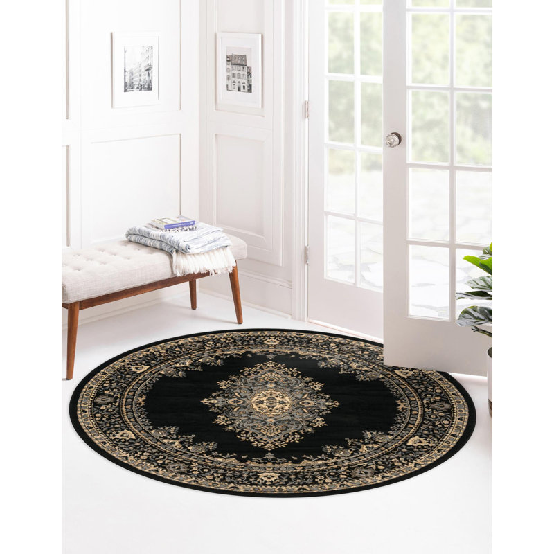 Balthrop Oriental Indoor Rug, Round 7'10", Black