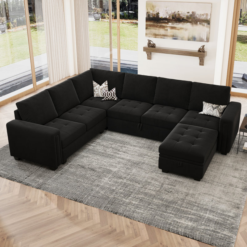 Canapé-lit modulaire en L avec repose-pieds Shavera, Velours noir