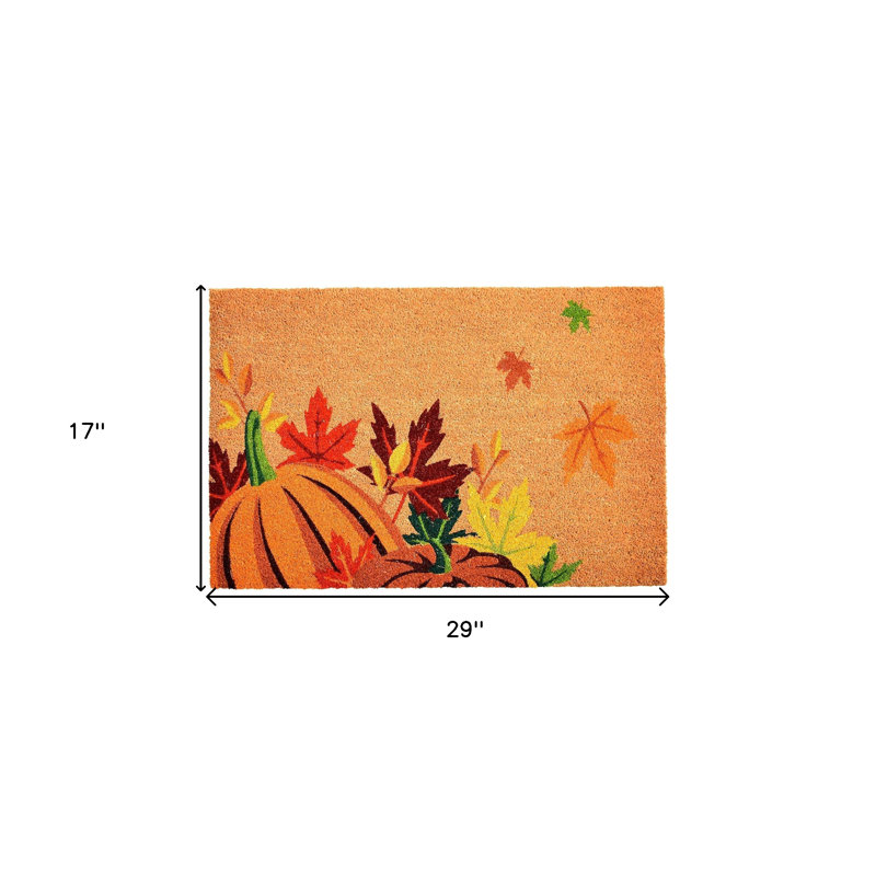 17" X 29" Natural Orange and Green Coir Pumpkins and Leaves Outdoor Fall Door Mat