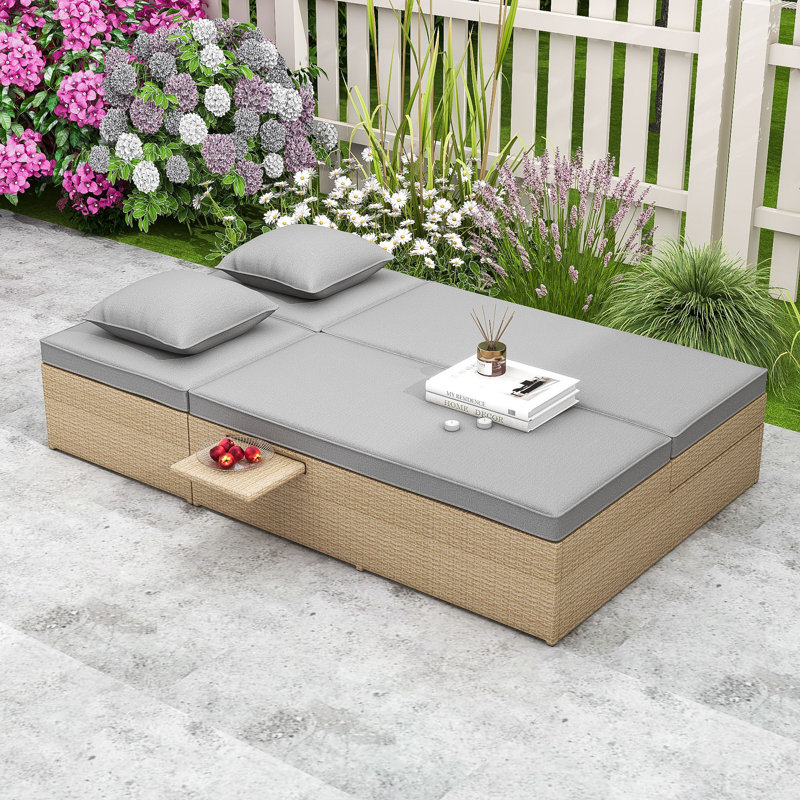 All-Weather PE Rattan Reclining Double Chaise with Adjustable Backrests and Practical Cup Trays, Light Gray/Brown