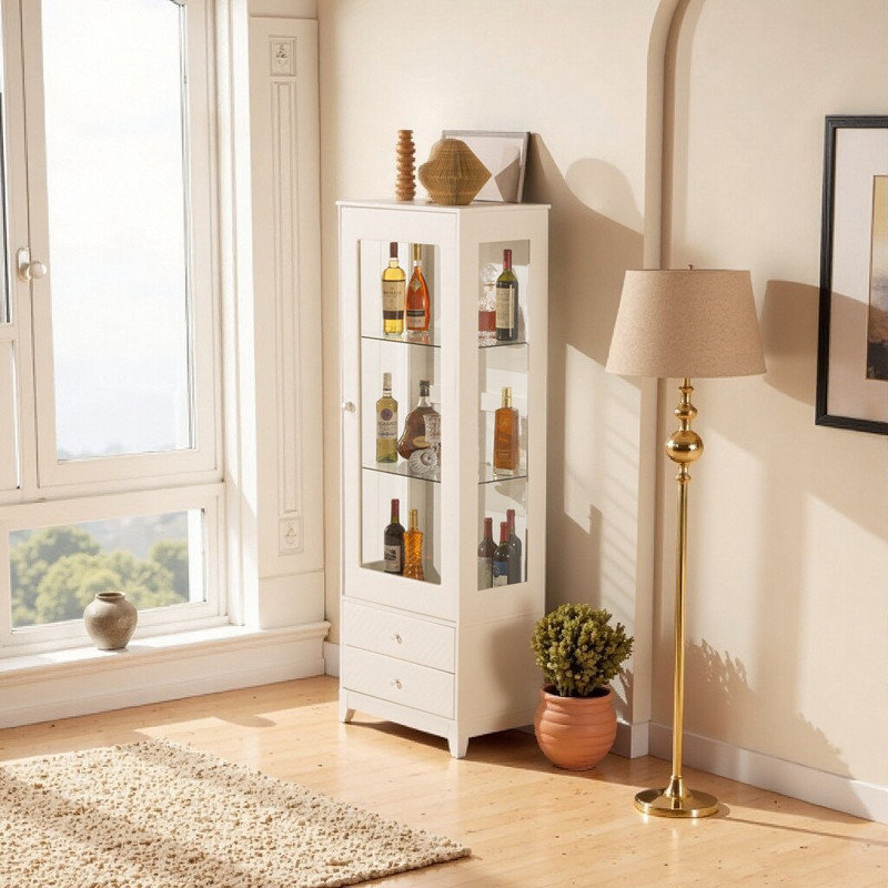Vitrine 71 po avec 2 tiroirs, portes en verre et éclairage à DEL réglable, garde-manger autoportant