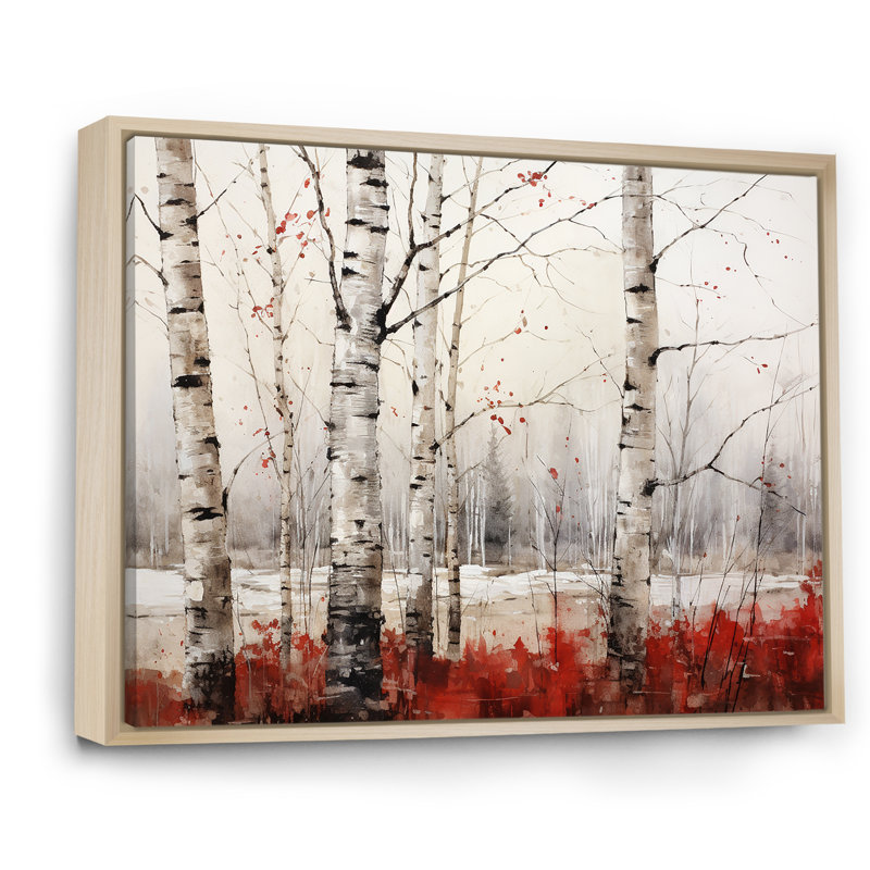 Impressions sur toile de bouleau blanc et rouge en hiver II, 24" H x 32" W, Cadre naturel flottant