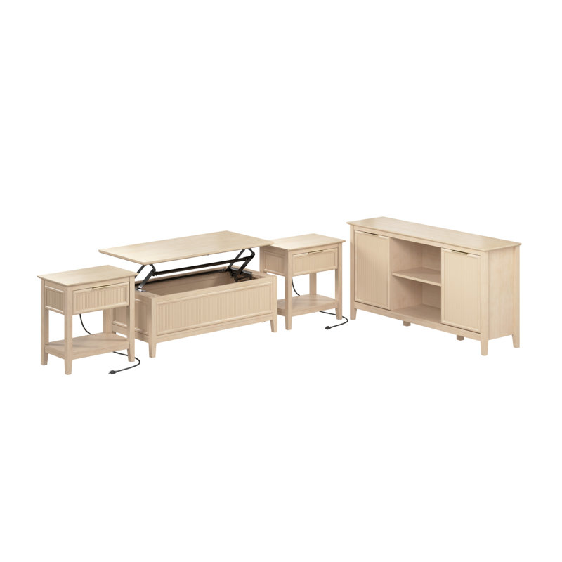 Meuble télé cannelé, table basse à plateau relevable et 2 tables de bout, mobilier de salon, Tanné