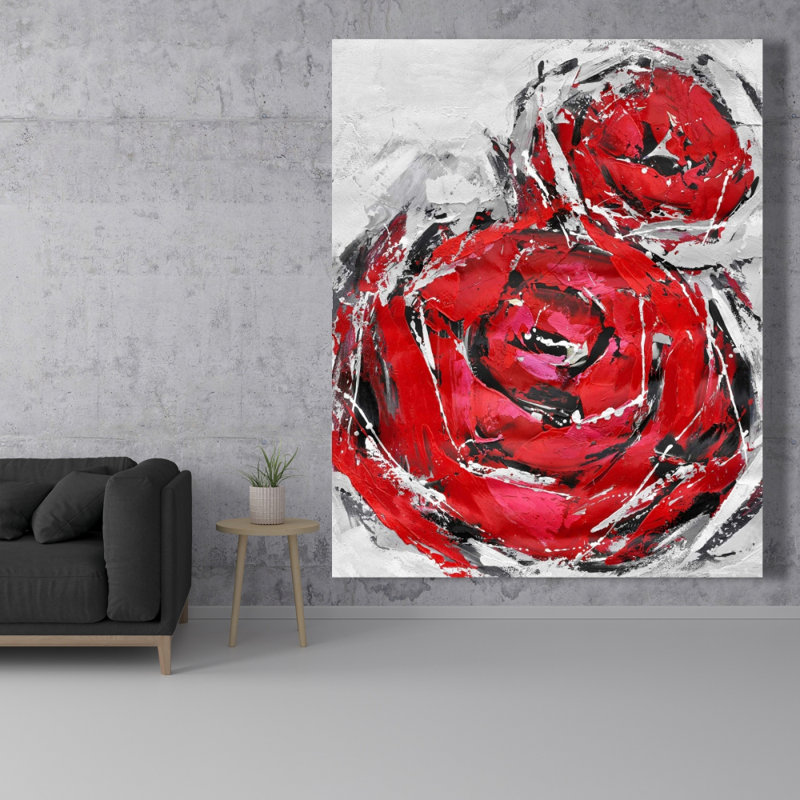 Abstrait roses rouges - chambre à coucher grise, art sur toile pour la décoration intérieure
