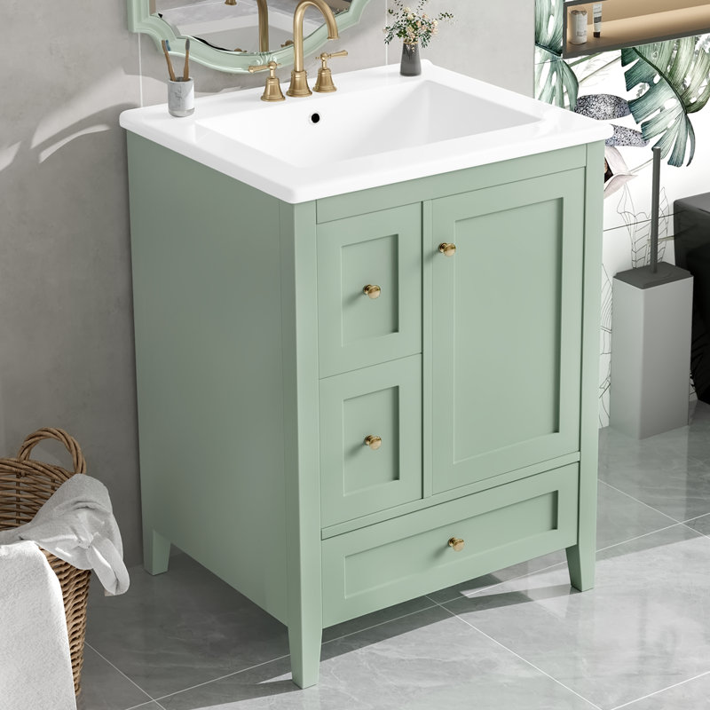Meuble-lavabo vert 24 po | Tiroirs, tablette réglable et rangement, Vert