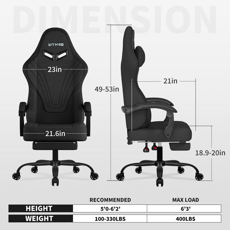 Fabric Gaming Chair with Footrest&Lumbar Support, Ergonomic High-Back, Black