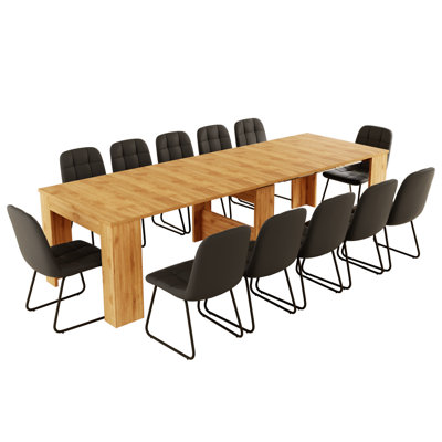 Ensemble de table de salle à manger Haakon 118 po avec chaises, console extensible avec support à rallonge, table de salle à manger extensible, 2 à 12 places assises, table de salle à manger longue et pliante peu encombrante (table + 12 chaises)