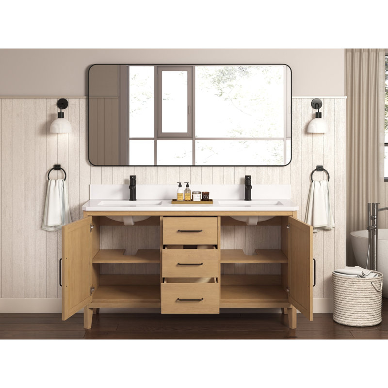 Meuble-lavabo double 60 po avec finition blanche et chêne brun avec plateau blanc