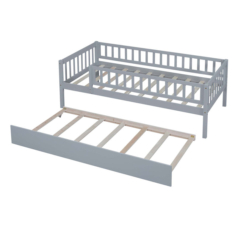 Wood Daybed With Trundle And Fence Guardrails For Safe And Comfortable Sleeping, Maximizing Space Efficiency., Gray, Twin