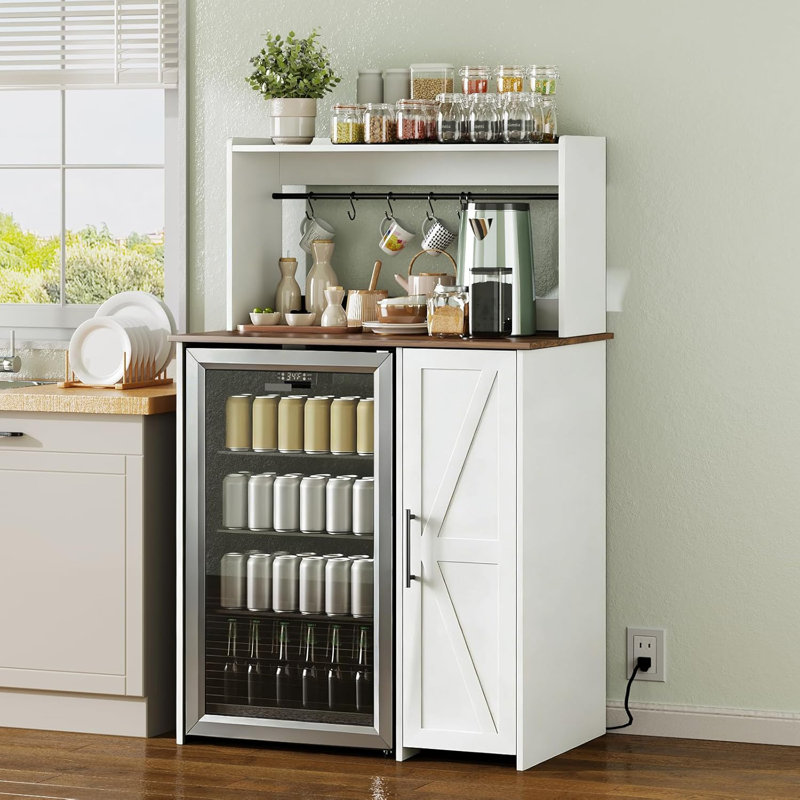 Mini armoire de réfrigérateur avec espace de rangement, armoire à café, support à micro-ondes avec prise, tablette réglable et dispositif anti-basculement, convient pour la cuisine, la salle à manger et le bureau