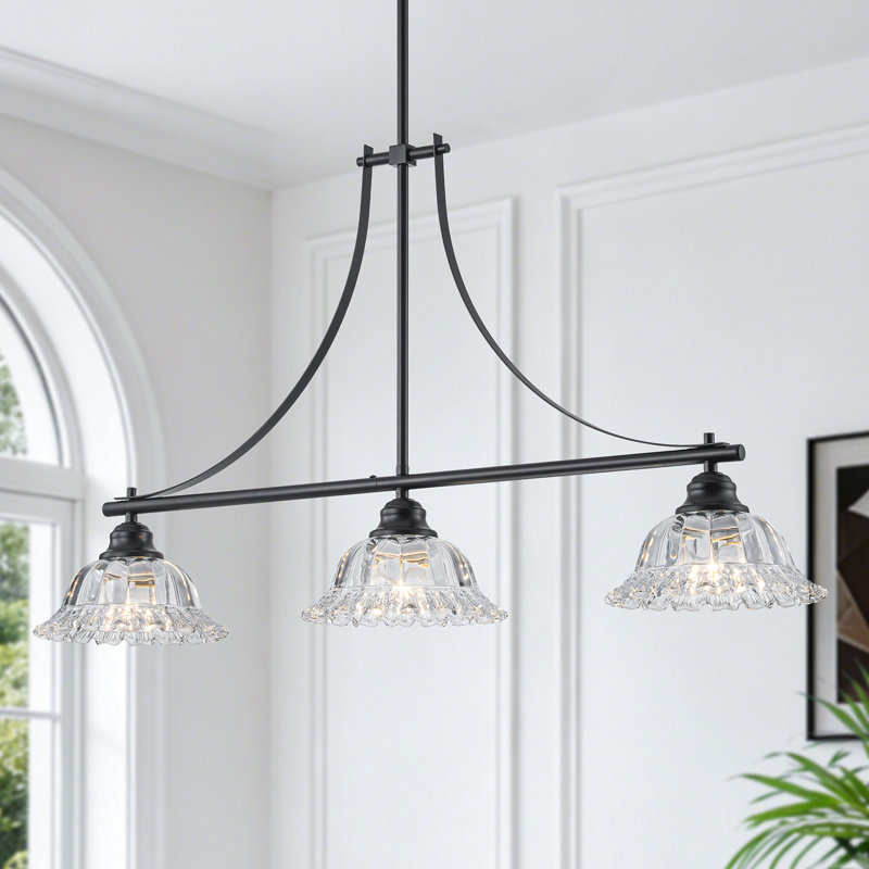 Lustre linéaire à 3 lumières avec abat-jour d'inspiration florale, Noir mat