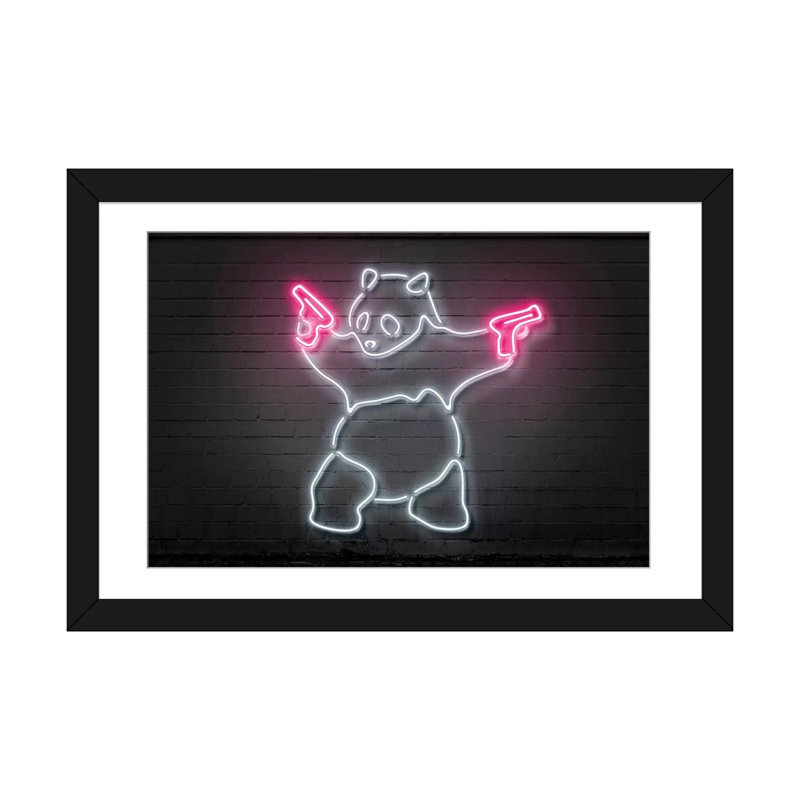 «Panda with Guns», impression sur toile, Papier d'art encadré noir, H 24 po x l 32 po x P 1 po, Blanc