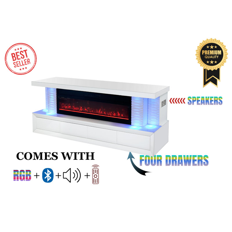 Meuble télé noir ultrabrillant / foyer électrique avec tiroirs, lumières à DEL RVB, haut-parleur Bluetooth, télécommande - aucun assemblage requis