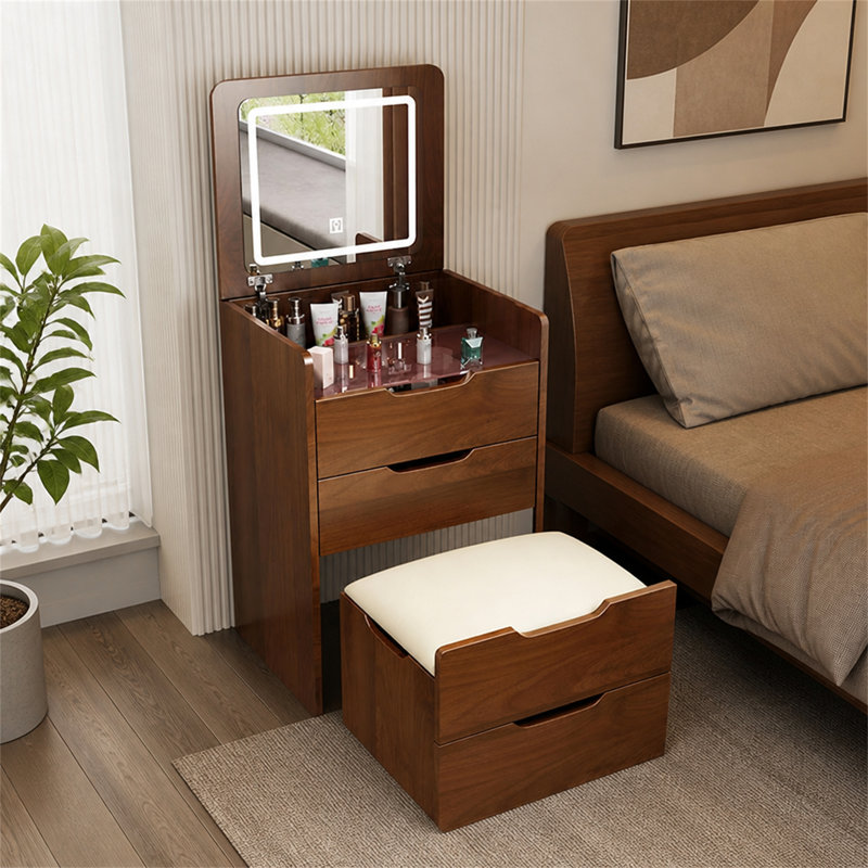 Bureau de coiffeuse compact trois-en-un avec dessus en verre visible et tiroirs de rangement pour la chambre à coucher