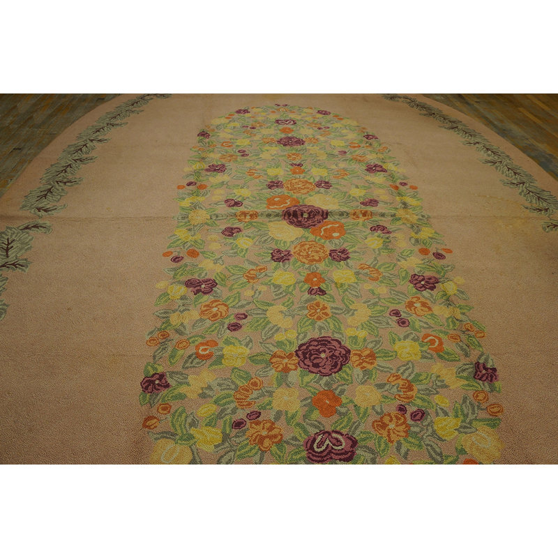 Large Oversized Oval Shape Ivory Antique European Floral Pattern American Hooked Rug