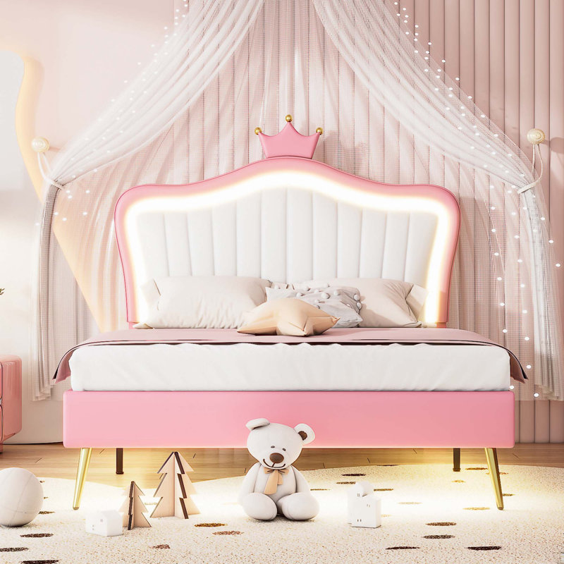 Cadre de lit avec lumières DEL et lit tapissier Princess, Double, Rose