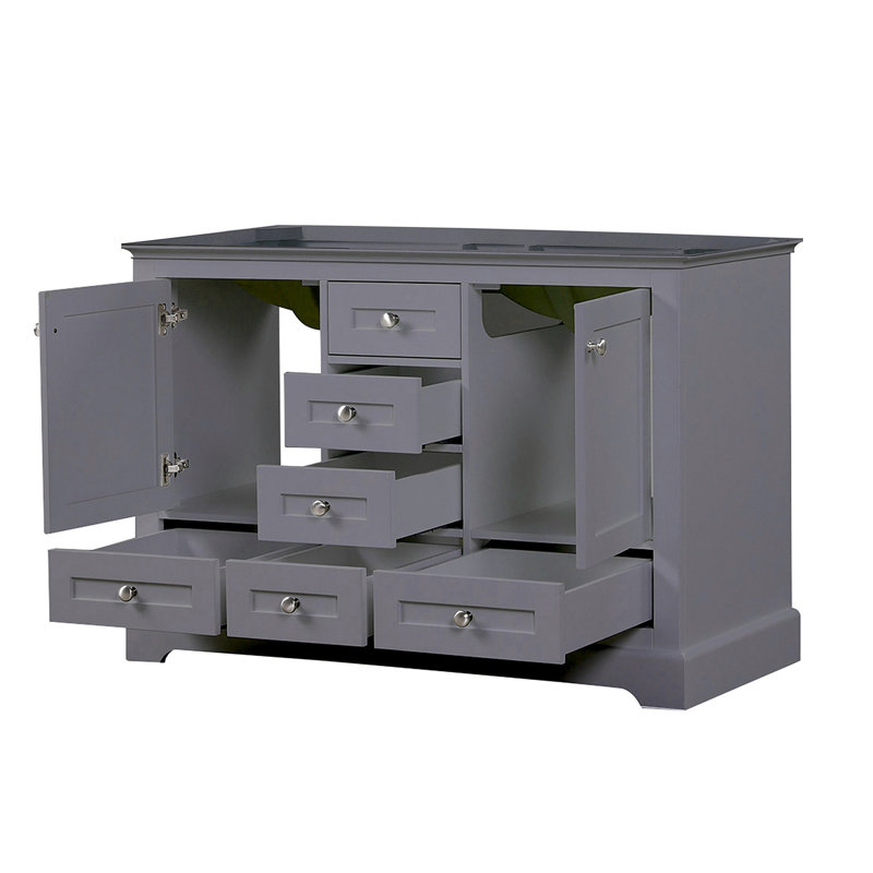 Meuble-lavabo double gris foncé de 48 po de largeur avec cadre en bois massif avec panneaux de contreplaqué E0, 2 armoires, 6 tiroirs et tablette ouverte pour une salle de bain moderne fonctionnelle entièrement assemblée et spacieuse à fermeture douce de 48 po