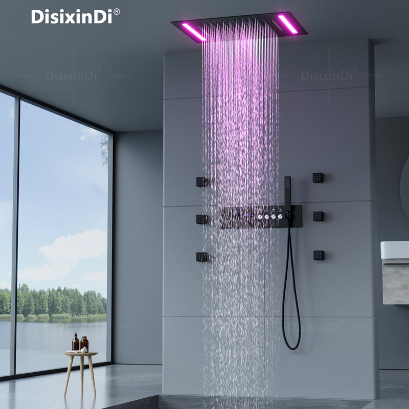 Ceiling Rain LED Shower Head with Handheld Spray Thermostatic Rainfall Shower System Set and Body Jets, Matte Black