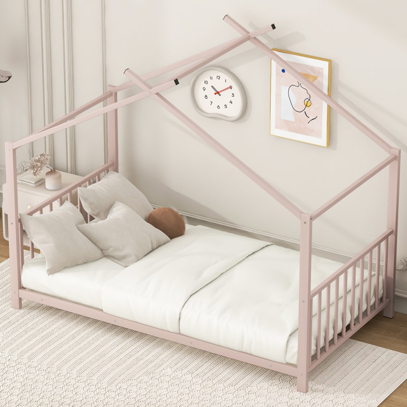 Lit plateforme simple en métal, rose, Rose