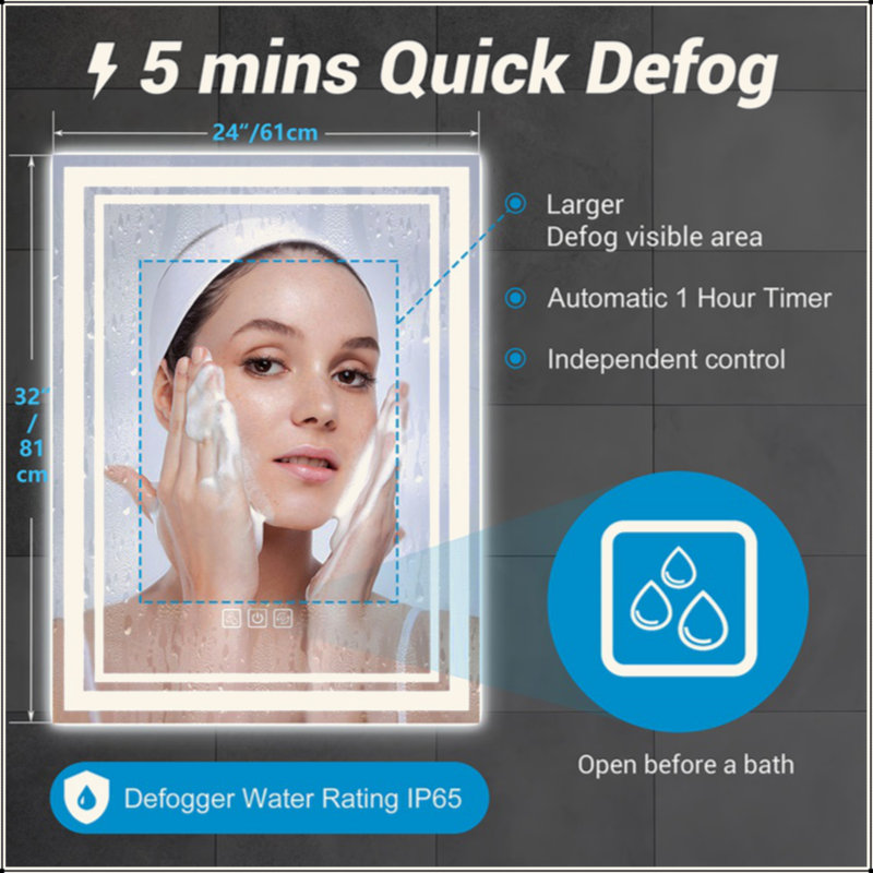 Miroir de salle de bain à DEL 40 po x 24 po à l'avant et à l'arrière, désembuage 5 minutes, miroir de meuble-lavabo mural 5 mm à réflexion intégrale HD, 3 couleurs à intensité variable, CRI90 +, fonction de mémoire (à brancher / câblé)