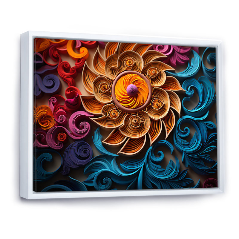 «Colorful Indian Art Mystic Rangoli II», reproduction d'art sur toile, Cadre flottant blanc, H 34 po x l 44 po x P 1,5 po