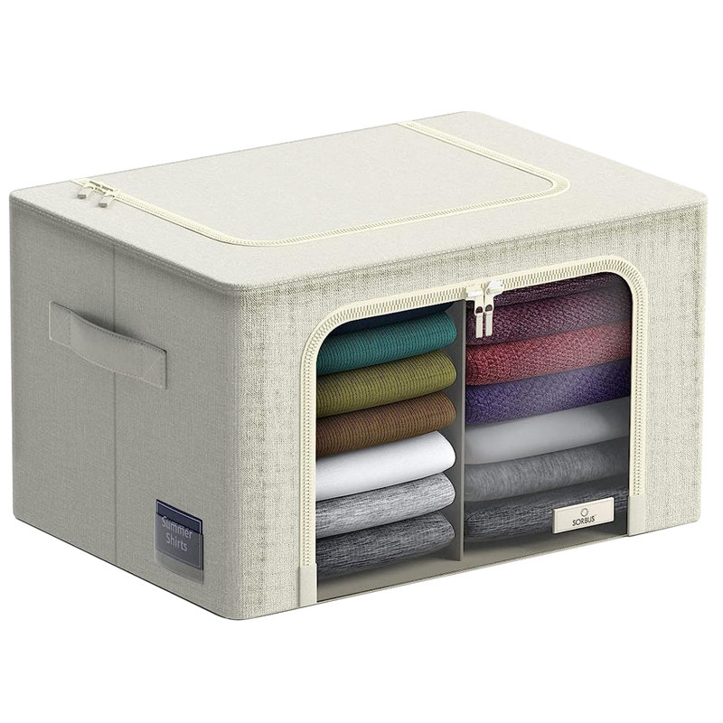 Large Storage Box Two-Compartment Foldable with Window & Handles - Single Piece, Beige