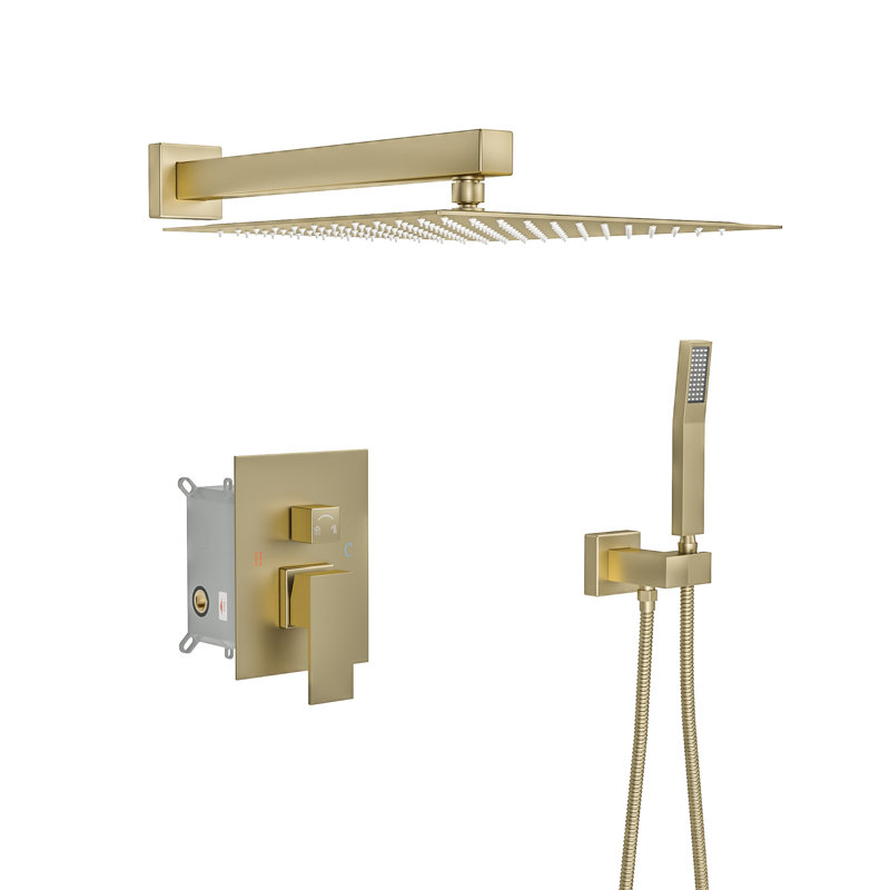 Shower Head System, 10 Inch Stainless Steel Square Wall Mounted Rainfull Shower Combo with Valve, Gold Brushed