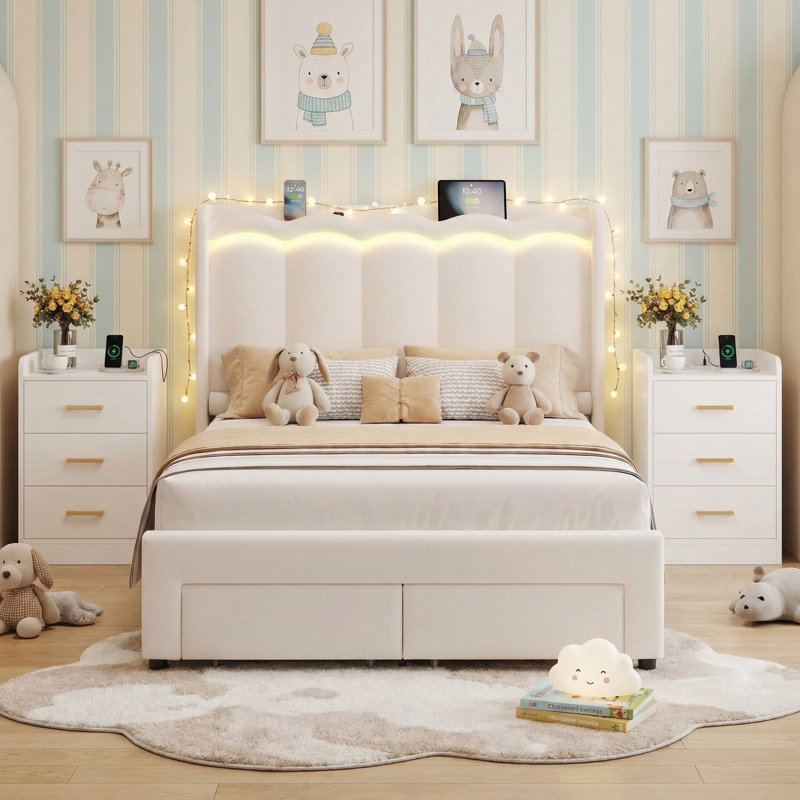 Ensemble de chambre à coucher 3 pièces, lit flottant et 2 tables de chevet avec ports de chargement USB | Ensemble de chambre à coucher flottant moderne