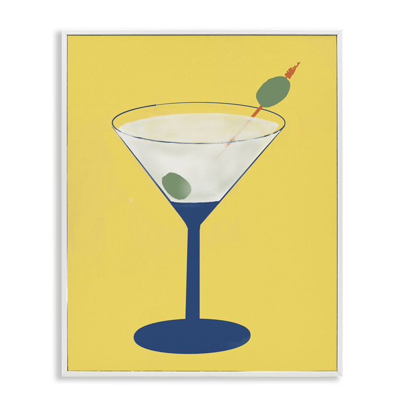 Giclée sur verre Martini sur jaune, design par Robin Maria, H 30 po x l 24 po, Giclée encadrée blanc bord de mer