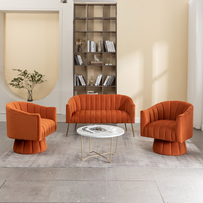 Ensemble de salon 3 pièces Tuyen, Velours orange