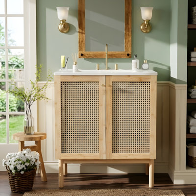 Meuble-lavabo de 30 pouces fabriqué à partir de matériaux naturels, avec des portes en rotin faites à la main