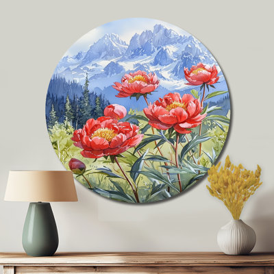 Peonies And Summer Peaks Mountain II - Peonies Round Metal Wall Art