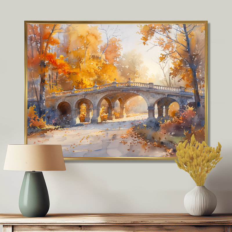 «Yellow Beige Elegant Autumn Park Bridges I» - décoration murale Bridges, Toile avec cadre flottant or