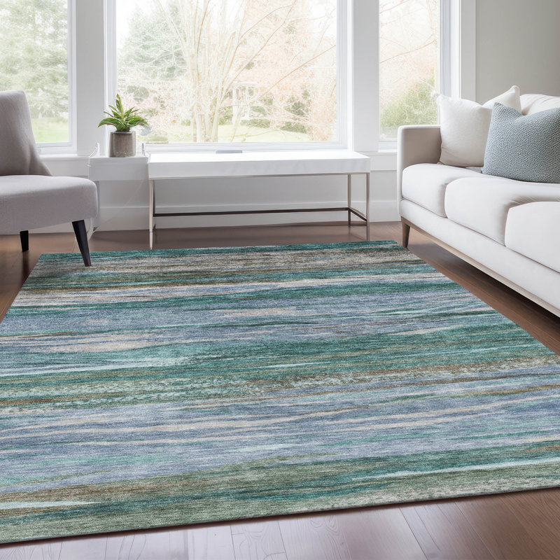 Tapis bleu sarcelle lavable à la machine intérieur / extérieur Xhevrie, Rectangle 10 pi x 14 pi