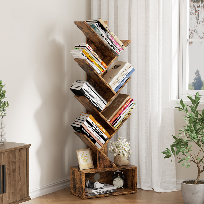 6-Tier Tree Bookshelf, Geometric Storage Bookcase for Small Spaces, Free-Standing Vertical Display Shelf, Rustic Brown