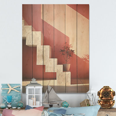 Décoration géométrique d'escalier géométrique - Flamant rose, art mural sur bois de pin naturel
