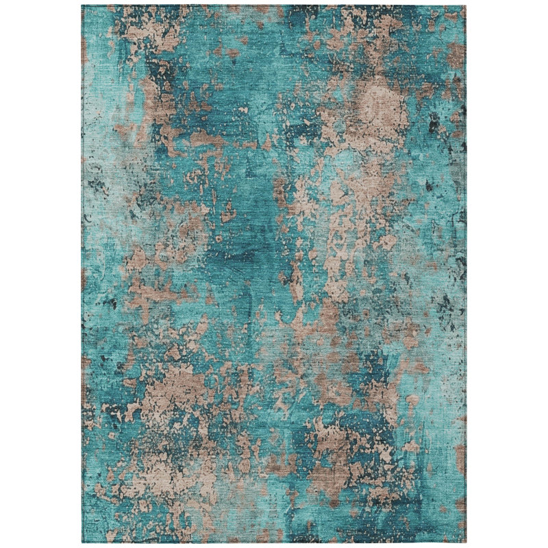 Machine Washable Indoor/Outdoor Xhevrie Teal Rug, Rectangle 2'6" x 3'10"