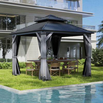 8.5 ft. W x 8.5 ft. D Outdoor Wood Gazebo, Hardtop Gazebo with Galvanized Steel Double Roof