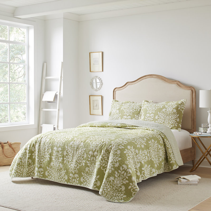 Laura Ashley Rowland Cotton Reversible Quilt Set, Twin Coverlet + 1 Standard Sham, Sage