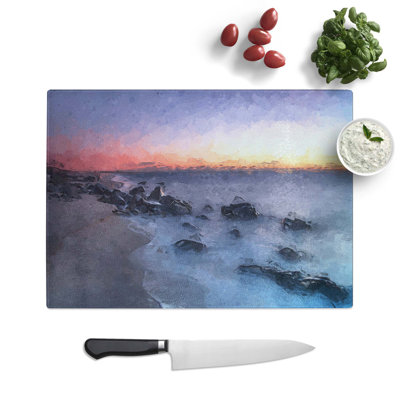 Tempered Glass Ocean Reaching the Beach at Sunset Chopping Board